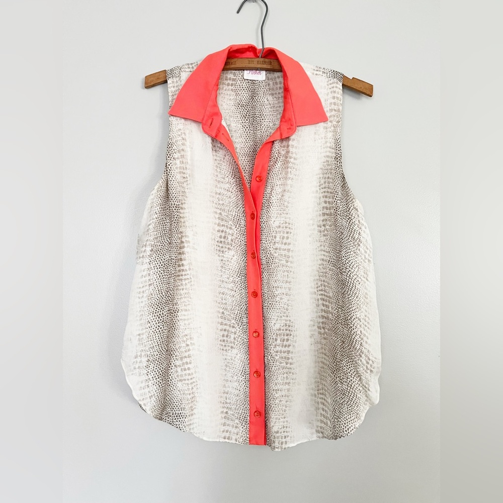 Parker 100% Silk Sleeveless Snake Skin Orange Collared Button Down Blouse